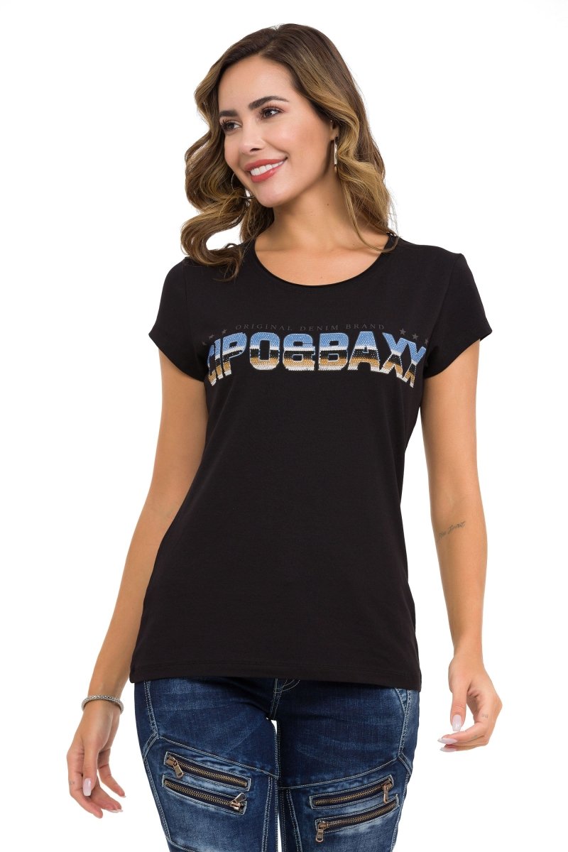 WT366 T-shirt damski z napisem i kamieniami