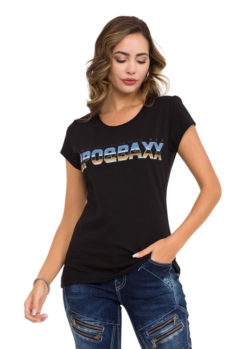 WT366 T-shirt damski z napisem i kamieniami