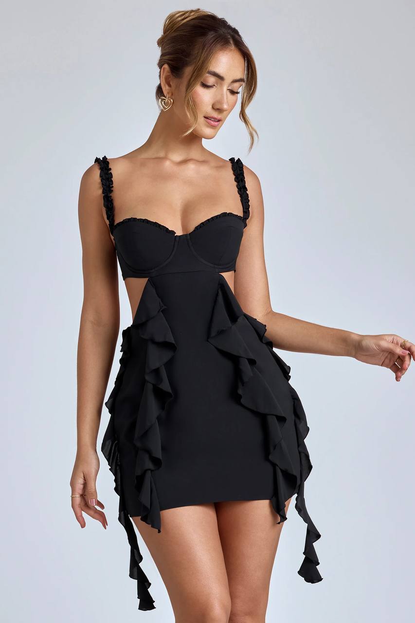 WY168 Letnia sukienka mini z falbanami i głębokim dekoltem