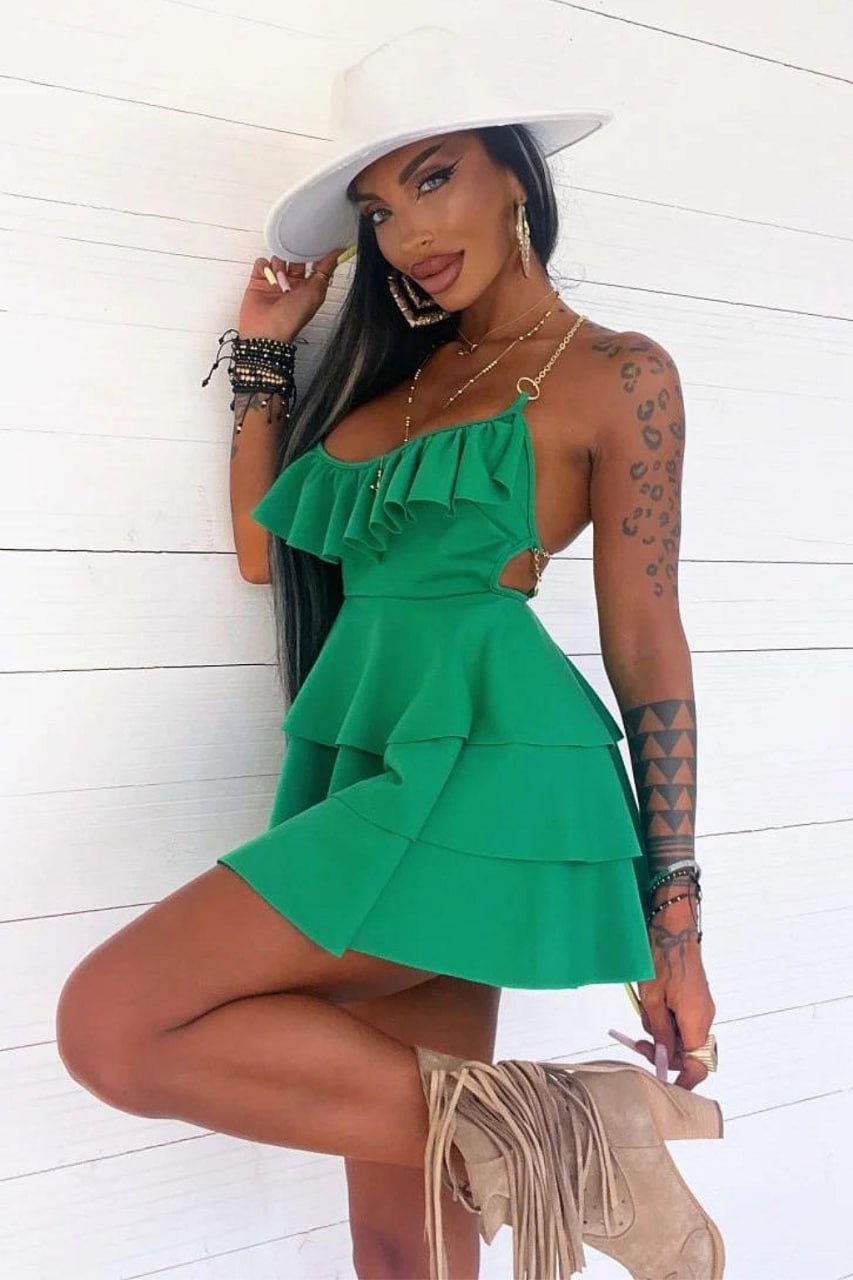 WY172 krótka falbaniasta sukienka w panterkę z łańcuszkowymi ramiączkami