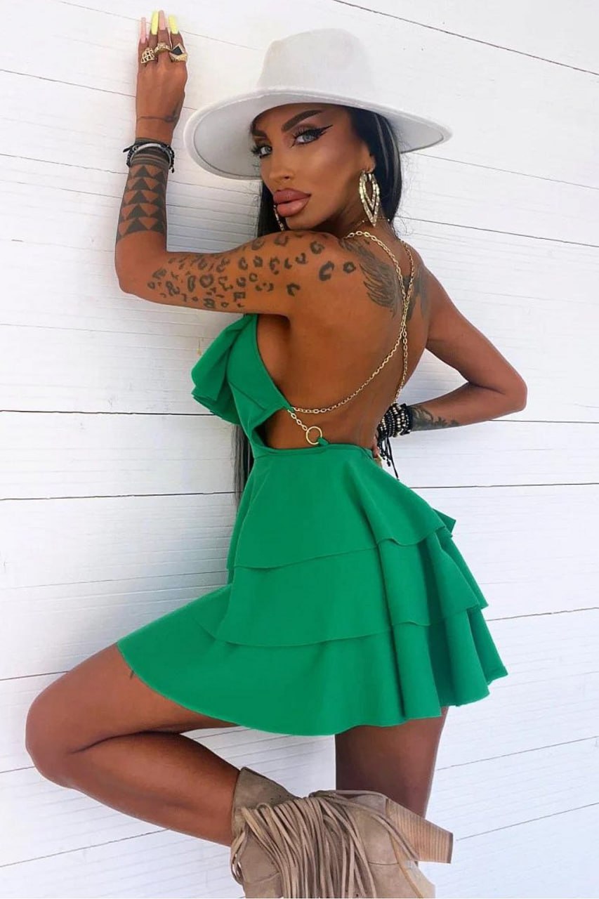 WY172 krótka falbaniasta sukienka w panterkę z łańcuszkowymi ramiączkami