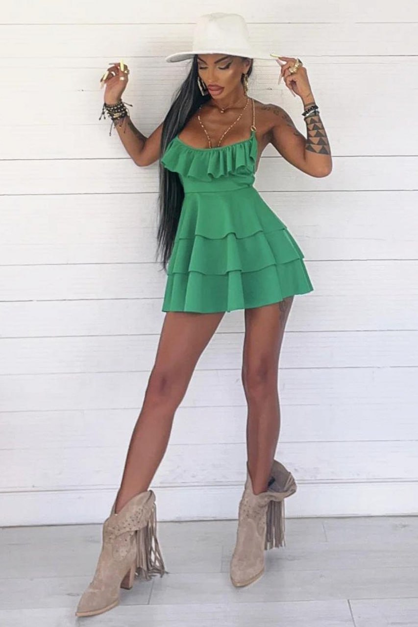 WY172 krótka falbaniasta sukienka w panterkę z łańcuszkowymi ramiączkami