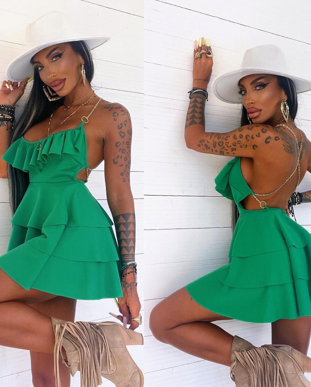 WY172 krótka falbaniasta sukienka w panterkę z łańcuszkowymi ramiączkami