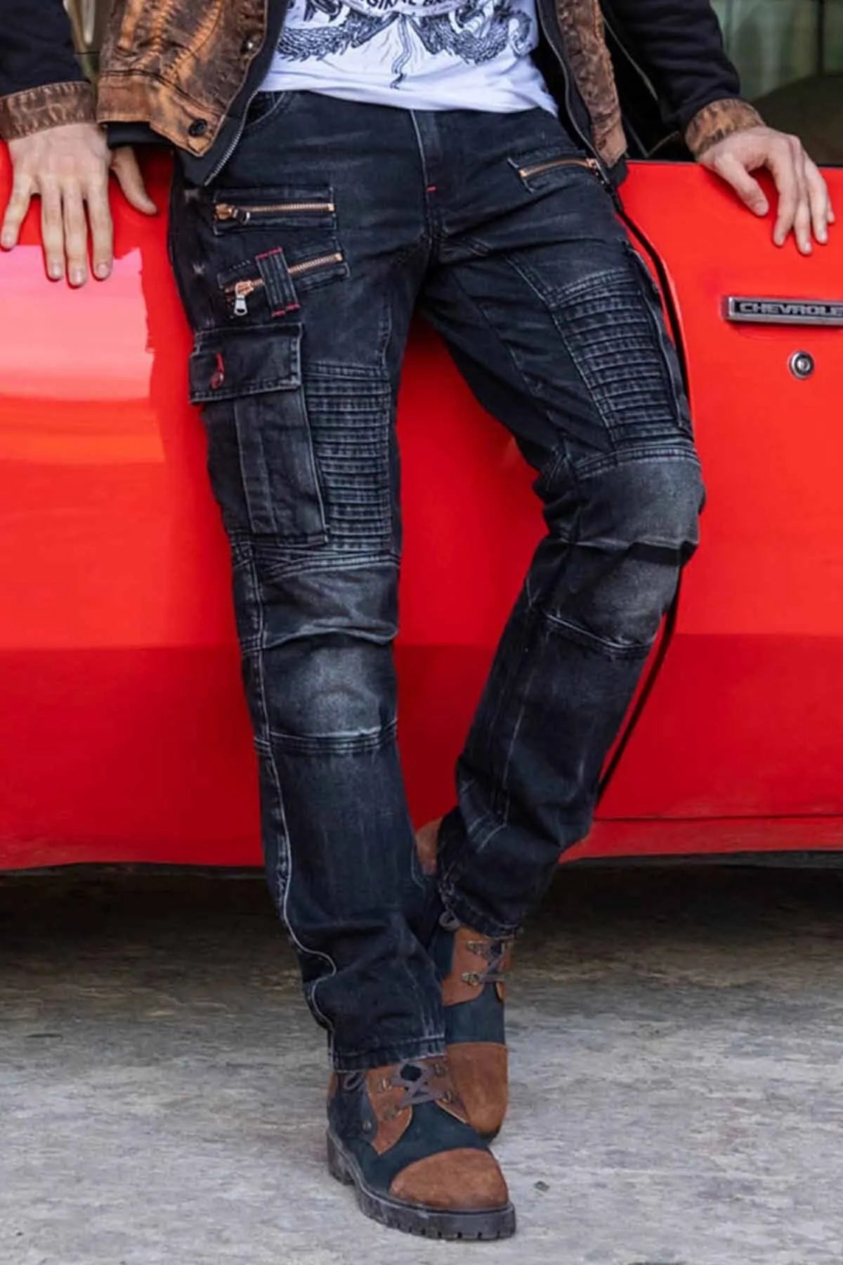 CD798 Herren Jeans Freizeithose im Bikerstyle mit Kunstleder Elementen