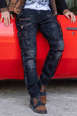 CD798 pantalon de loisirs en jeans masculin à style motard avec des éléments en cuir synthétique