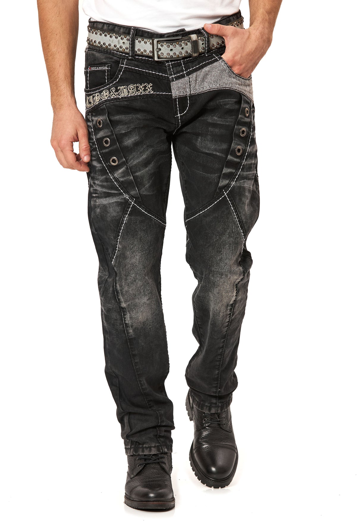 CD917 Heren Jeans – Regular Fit – Zwarte denim met contraststiksels & metalen oogjes
