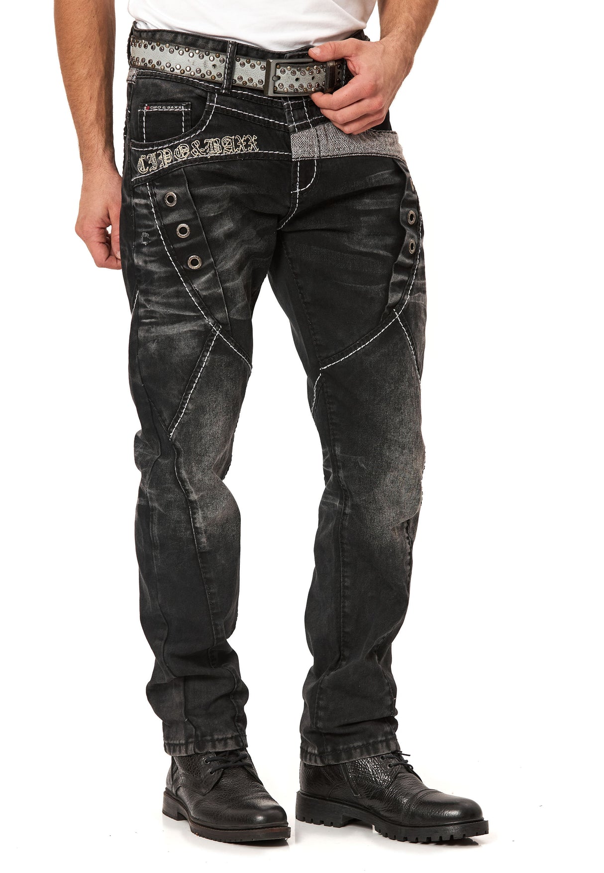 CD917 Heren Jeans – Regular Fit – Zwarte denim met contraststiksels & metalen oogjes
