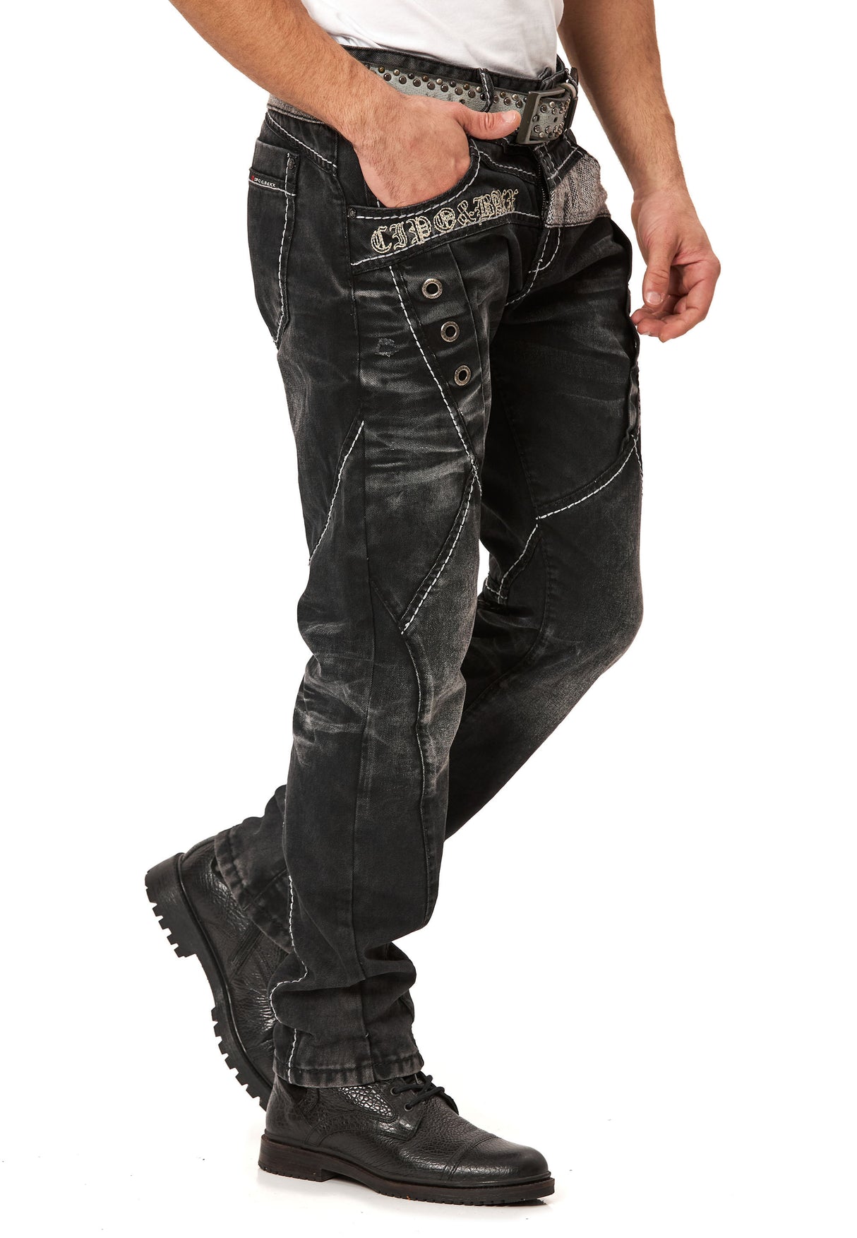 CD917 Heren Jeans – Regular Fit – Zwarte denim met contraststiksels & metalen oogjes
