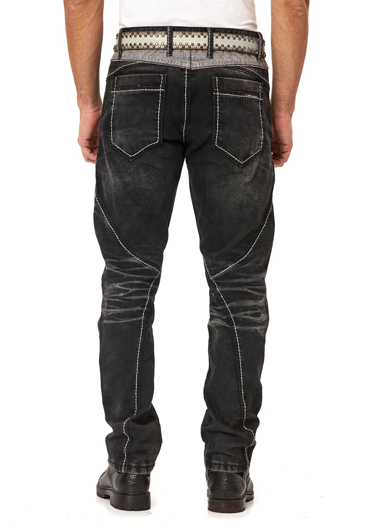 CD917 Heren Jeans – Regular Fit – Zwarte denim met contraststiksels & metalen oogjes

