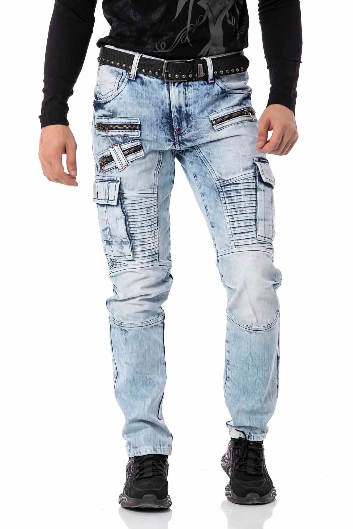 CD798 pantalon de loisirs en jeans masculin à style motard avec des éléments en cuir synthétique