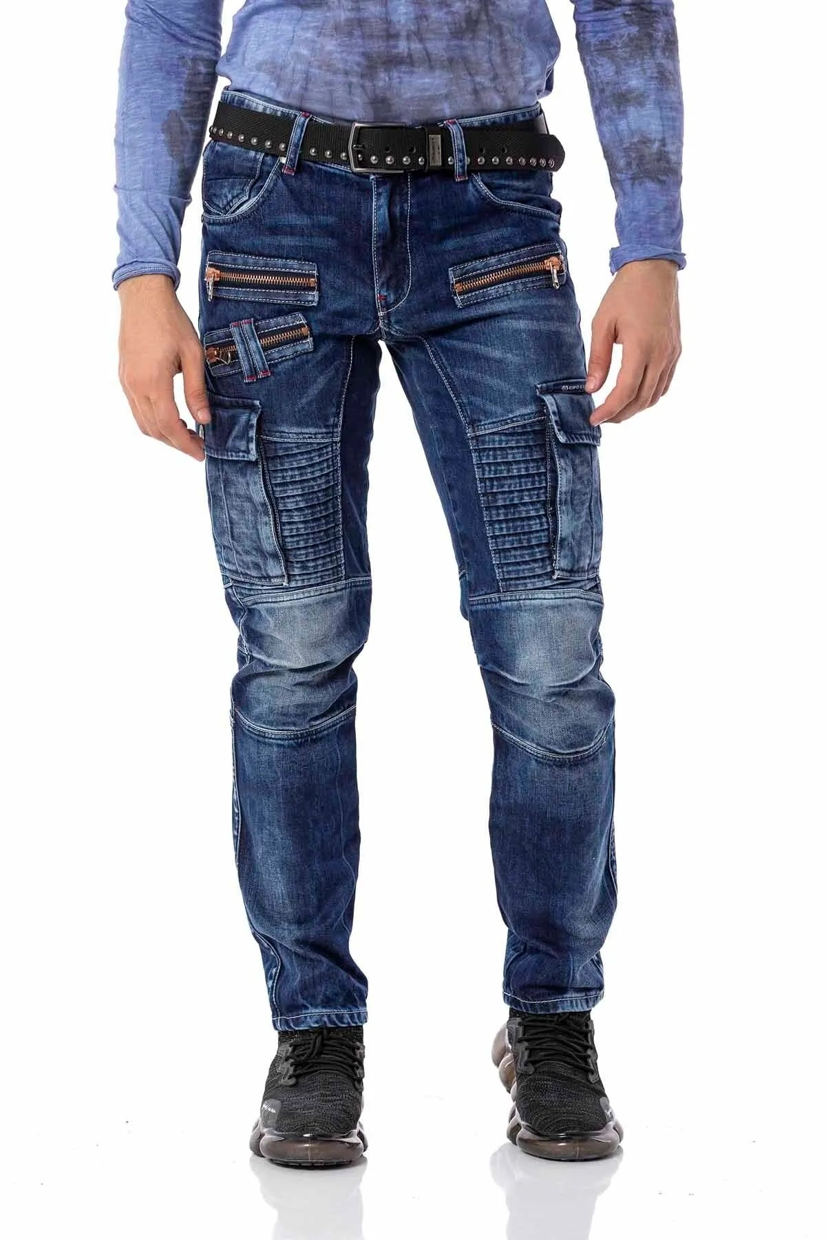 CD798 Herren Jeans Freizeithose im Bikerstyle mit Kunstleder Elementen