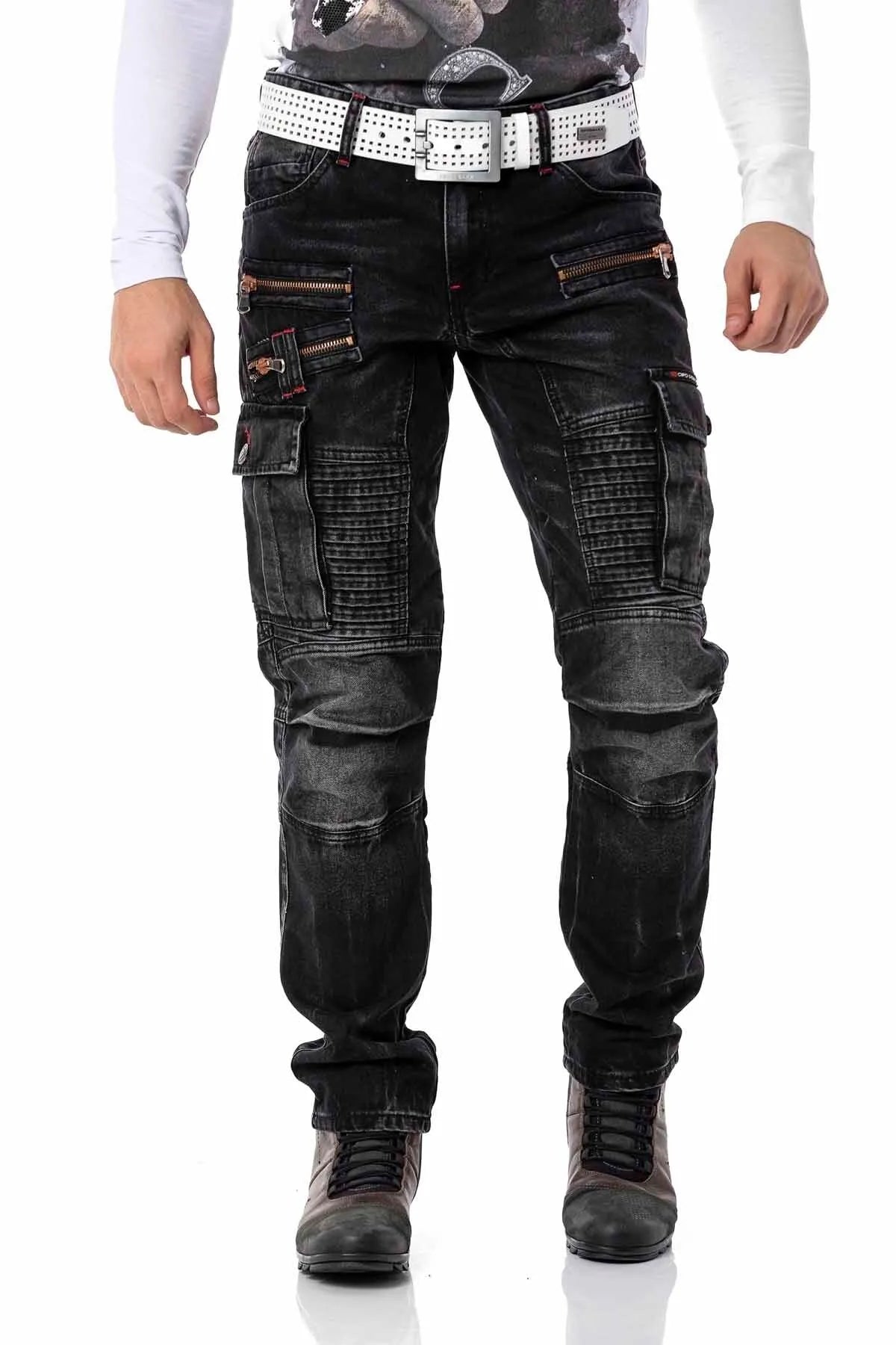 CD798 pantalon de loisirs en jeans masculin à style motard avec des éléments en cuir synthétique