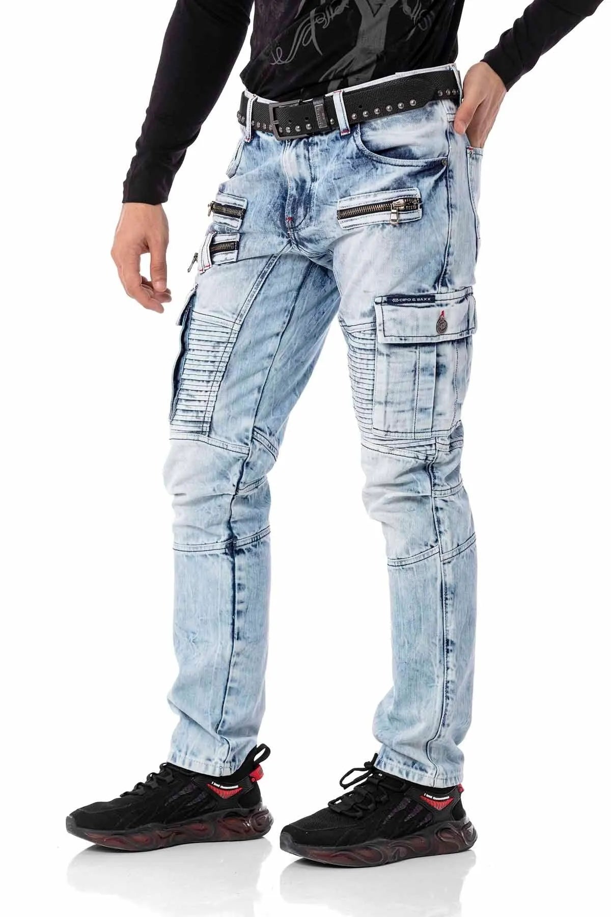 CD798 Men's jeans leisure trousers in biker style with synthetic leather elements