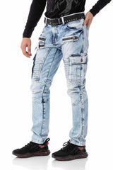 CD798 pantalon de loisirs en jeans masculin à style motard avec des éléments en cuir synthétique