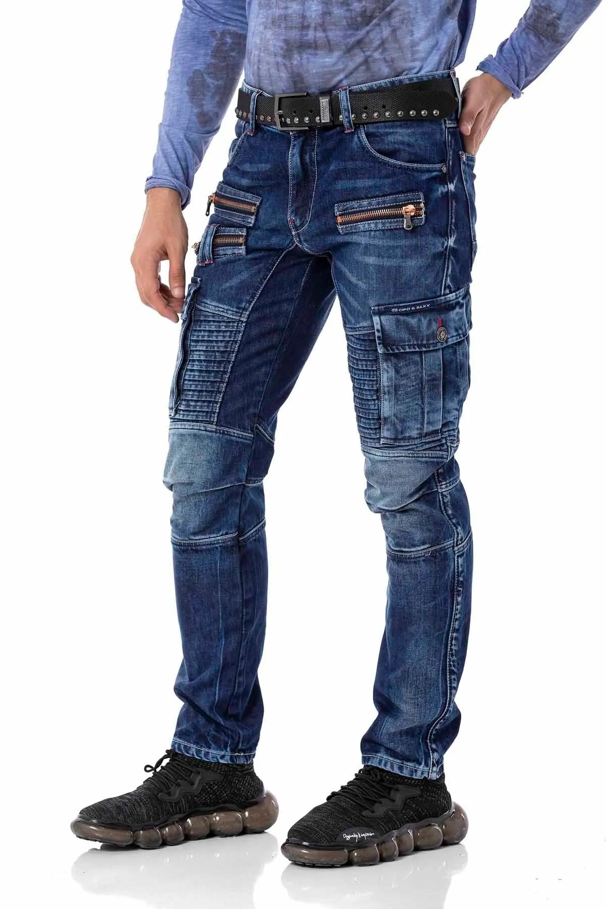 CD798 Herren Jeans Freizeithose im Bikerstyle mit Kunstleder Elementen