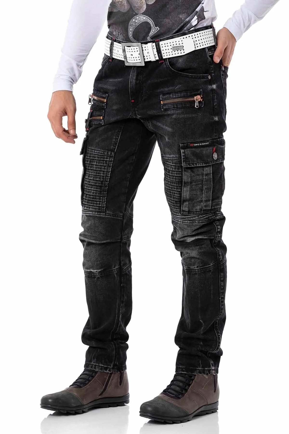 CD798 Herren Jeans Freizeithose im Bikerstyle mit Kunstleder 