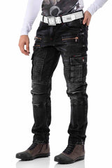 CD798 pantalon de loisirs en jeans masculin à style motard avec des éléments en cuir synthétique