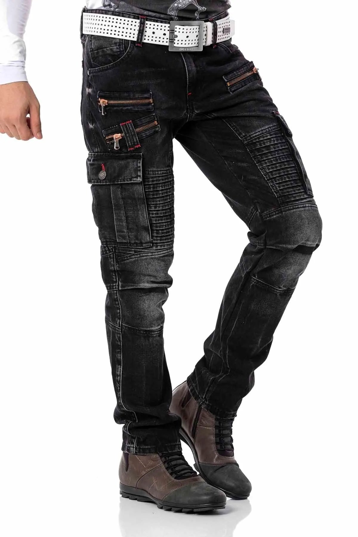 CD798 pantalon de loisirs en jeans masculin à style motard avec des éléments en cuir synthétique