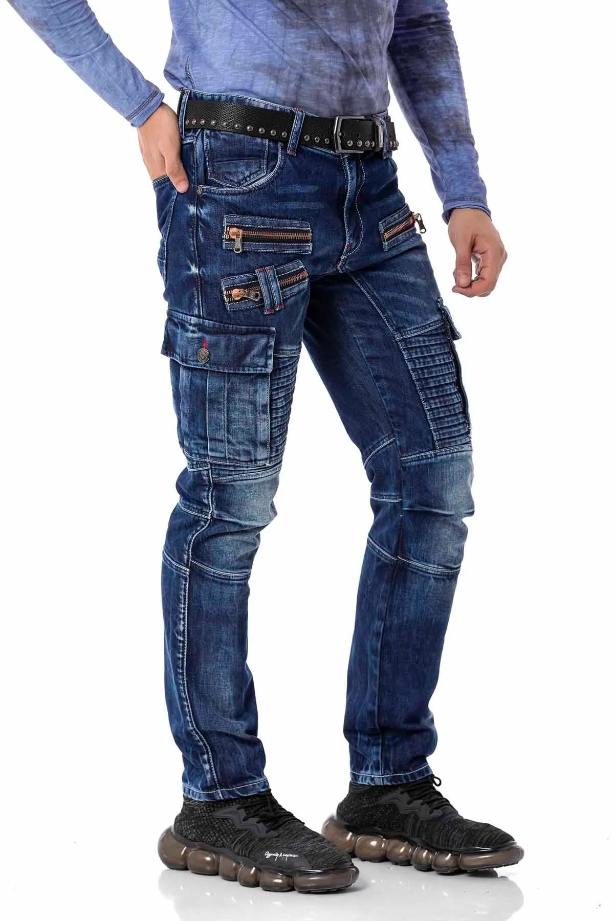 CD798 pantalon de loisirs en jeans masculin à style motard avec des éléments en cuir synthétique