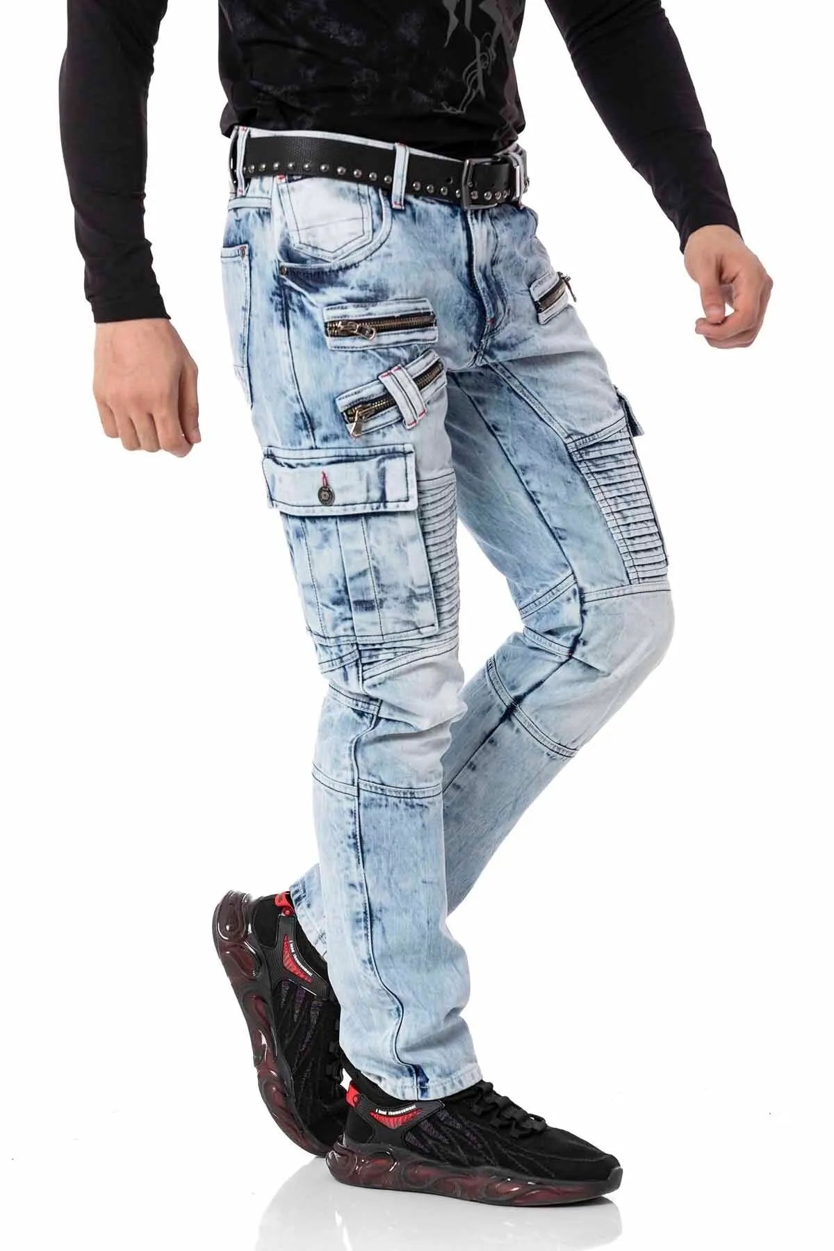 CD798 Herren Jeans Freizeithose im Bikerstyle mit Kunstleder Elementen