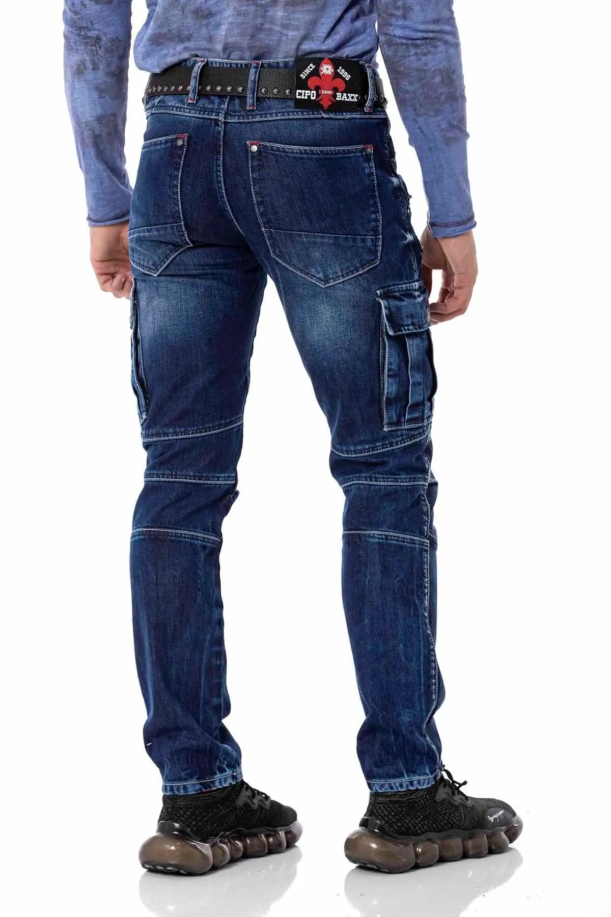 CD798 pantalon de loisirs en jeans masculin à style motard avec des éléments en cuir synthétique