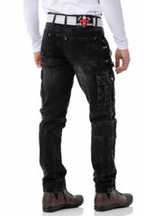 CD798 Herren Jeans Freizeithose im Bikerstyle mit Kunstleder Elementen