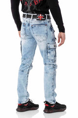 CD798 pantalon de loisirs en jeans masculin à style motard avec des éléments en cuir synthétique