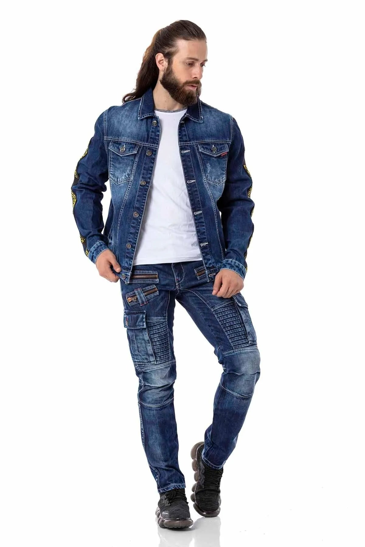 CD798 pantalon de loisirs en jeans masculin à style motard avec des éléments en cuir synthétique