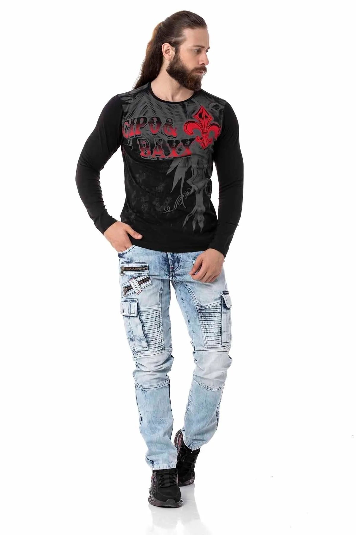 CD798 pantalon de loisirs en jeans masculin à style motard avec des éléments en cuir synthétique