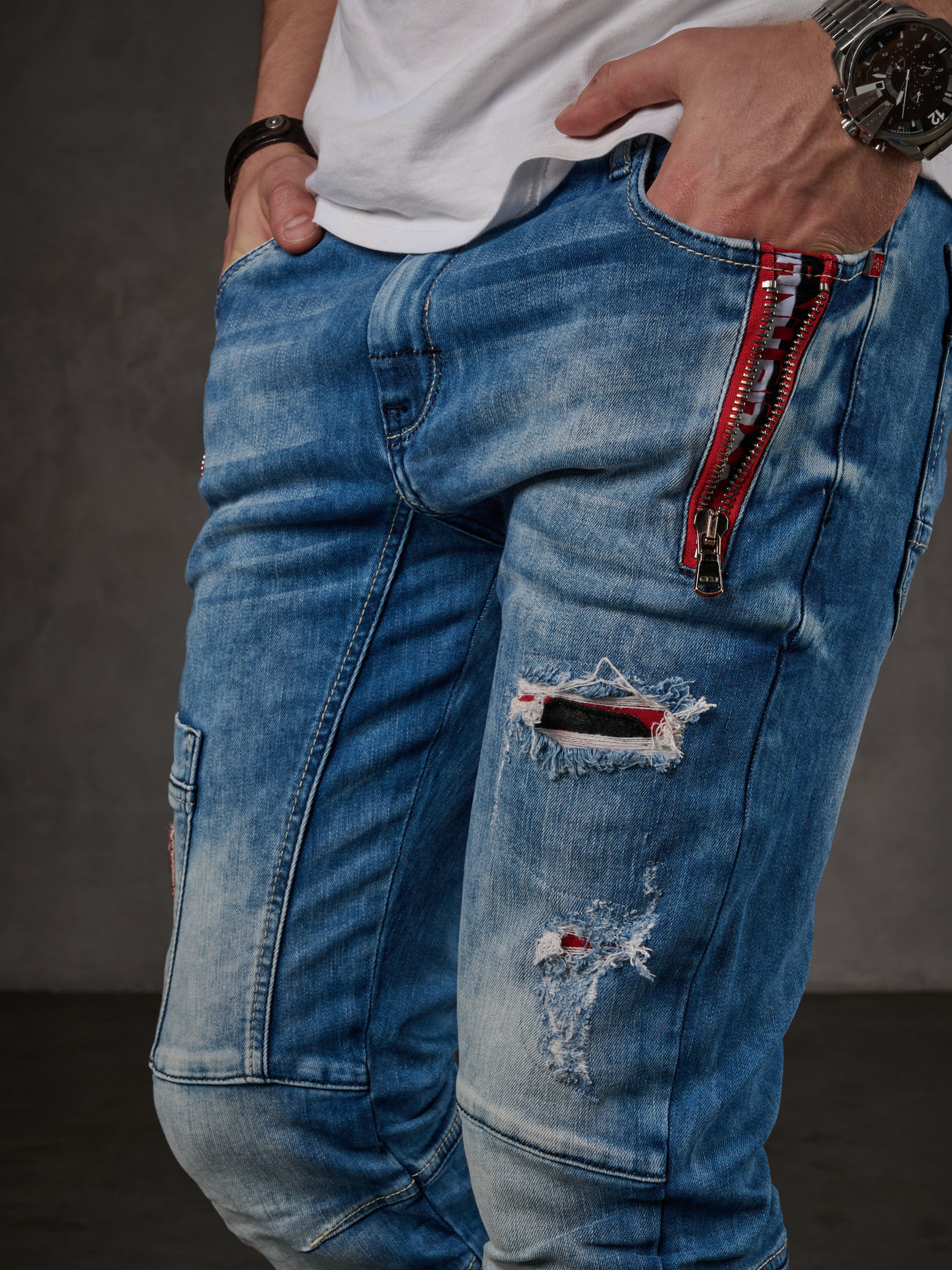CD847 Herren Designer Jeanshose mit Kontrastfarbenen Details