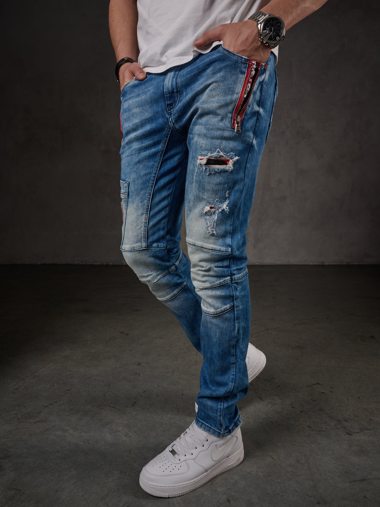 CD847 Herren Designer Jeanshose mit Kontrastfarbenen Details