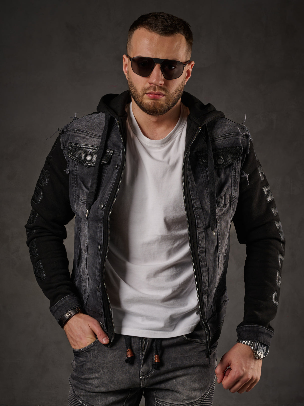 Giacca in denim CJ155, giacca in felpa con cappuccio in look western