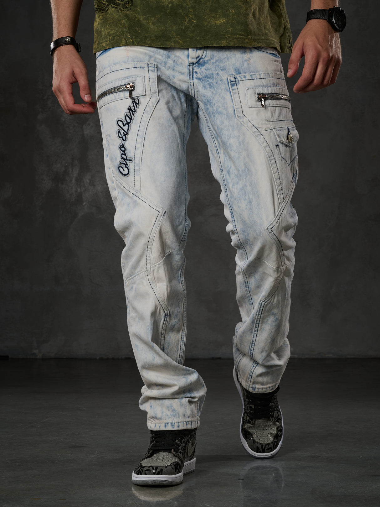 CD272 Herren bequeme Jeans mit bestickten Nähten in Straight Fit