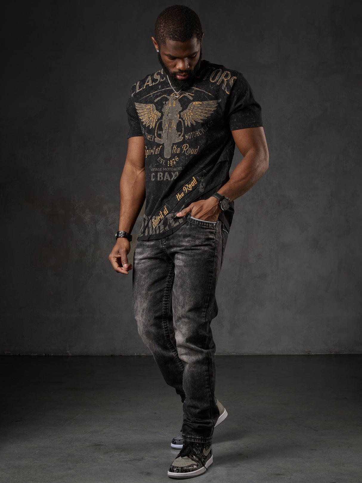 CT706 T‑shirt uomo con stampa moto vintage