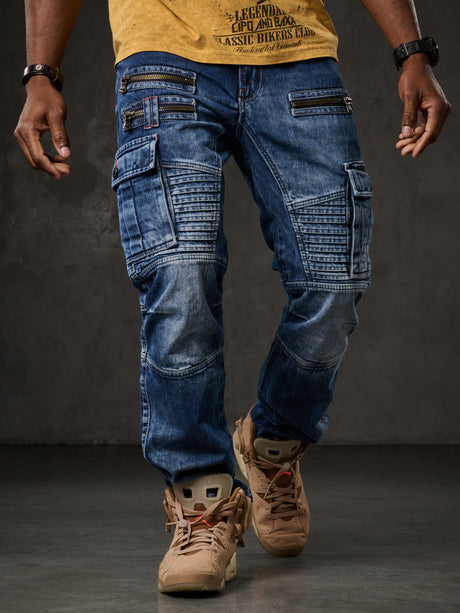 CD798 Herren Jeans Freizeithose im Bikerstyle mit Kunstleder Elementen
