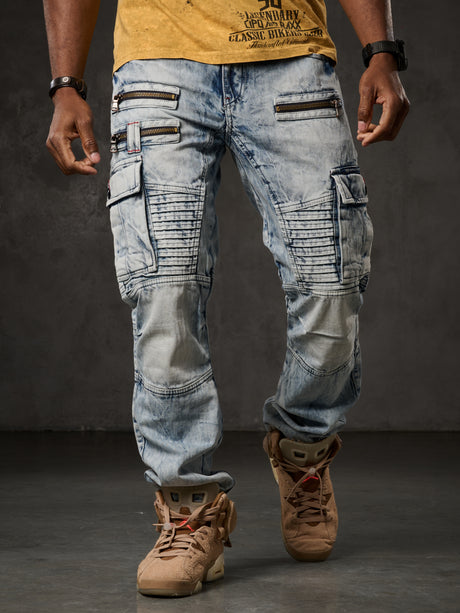 CD798 Herren Jeans Freizeithose im Bikerstyle mit Kunstleder Elementen