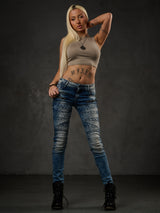 WD381 jeansy damskie z haftowanymi elementami