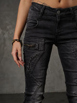 WD437 women slim-fit jeans with trendy decorative stitching