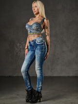 WD343 Women's Skinny Jeans with Embroidery on the Back Pockets