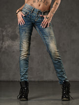 CBW-0347 Damen Jeans  Freizeit Slim Fit 5-Pocket Design Used Kontrastnähte