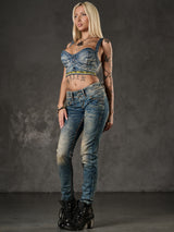 CBW-0347 Damen Jeans  Freizeit Slim Fit 5-Pocket Design Used Kontrastnähte