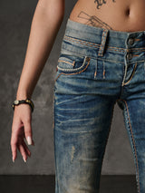 CBW-0347 Damen Jeans  Freizeit Slim Fit 5-Pocket Design Used Kontrastnähte