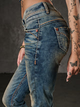 CBW-0347 Damen Jeans  Freizeit Slim Fit 5-Pocket Design Used Kontrastnähte