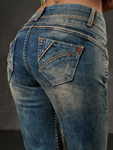CBW-0347 Damen Jeans  Freizeit Slim Fit 5-Pocket Design Used Kontrastnähte