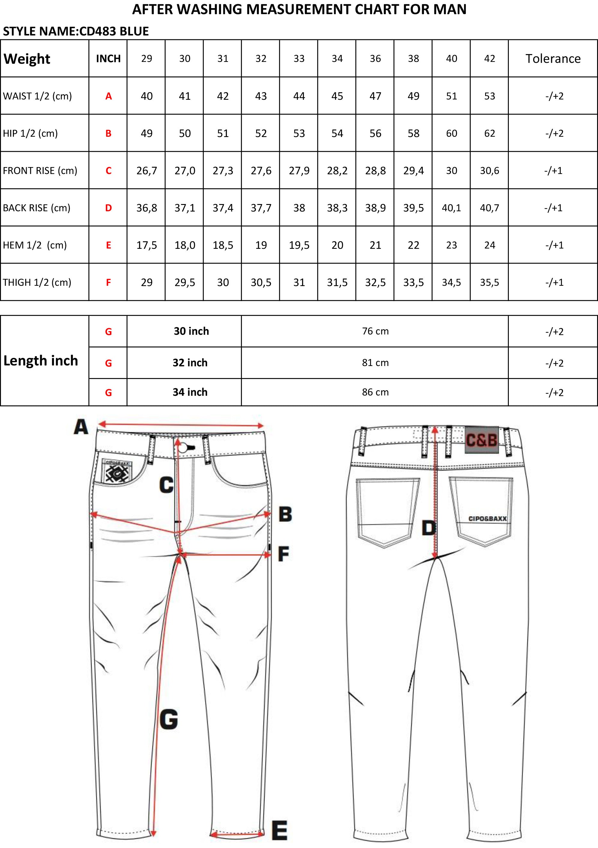 CD483 jeansy z ozdobnymi kieszeniami size chart