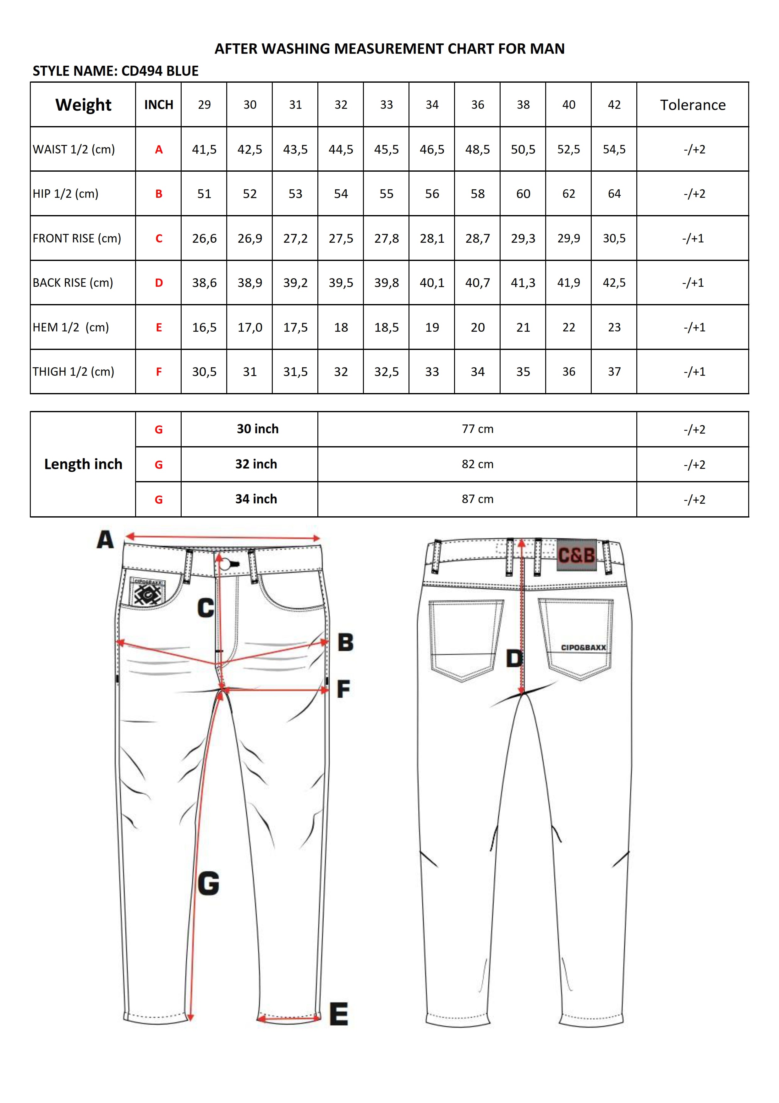 CD494 jeansy z kamieniami na kieszeniach size chart