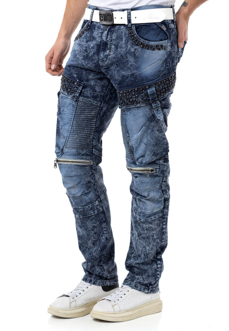 CD494 Herren bequeme Jeans mit Edelstein Taschen in Regular Fit