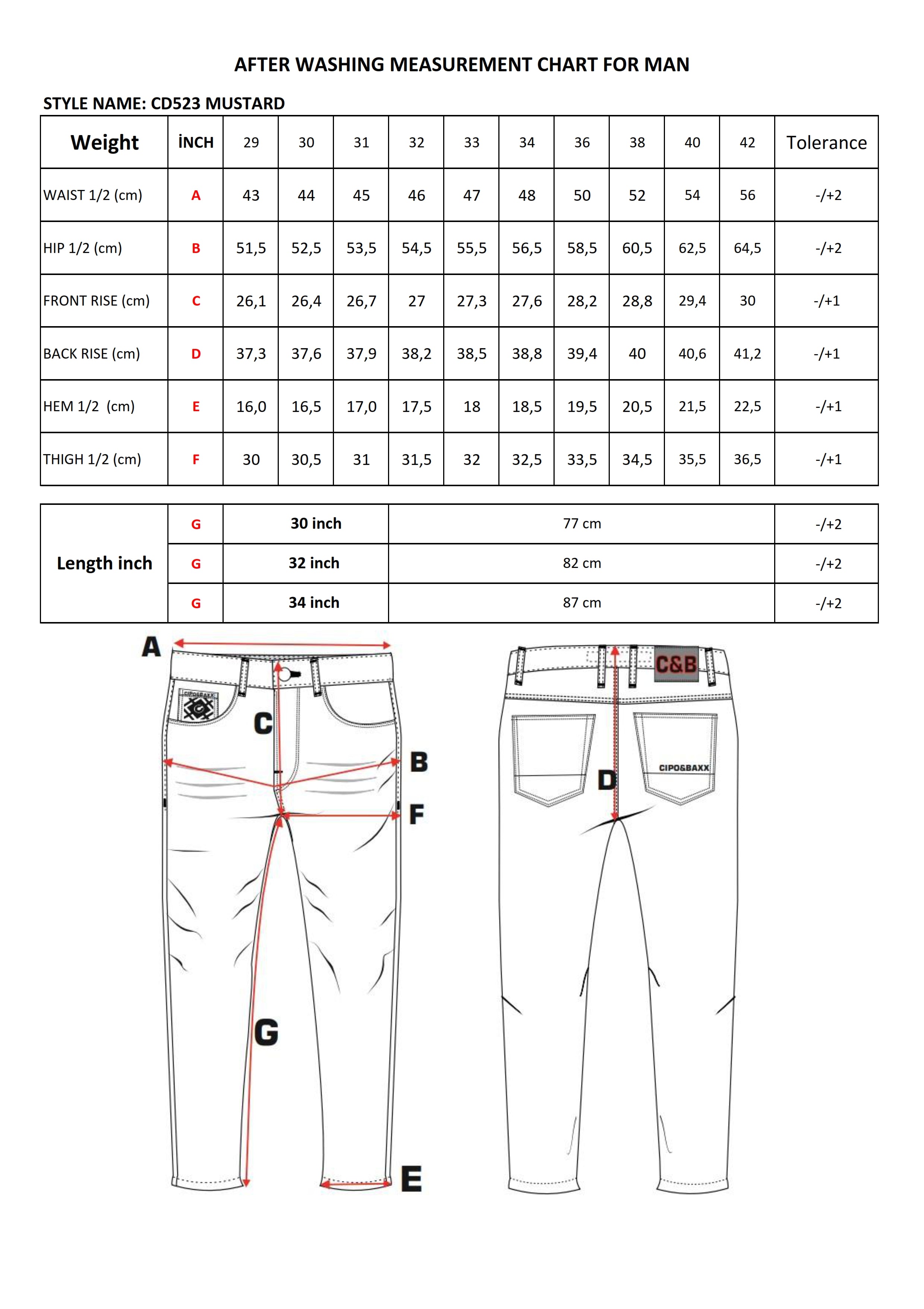 CD523 jeansy cargo  size chart
