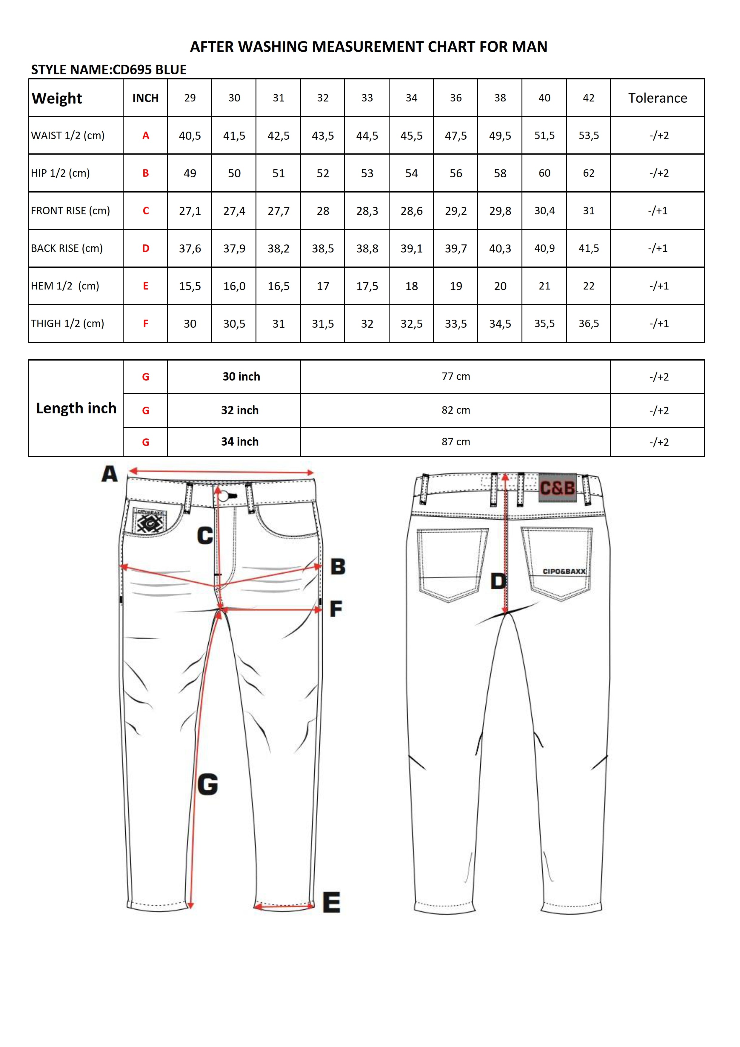 CD695 jeansy z ozdobnymi szwami size chart