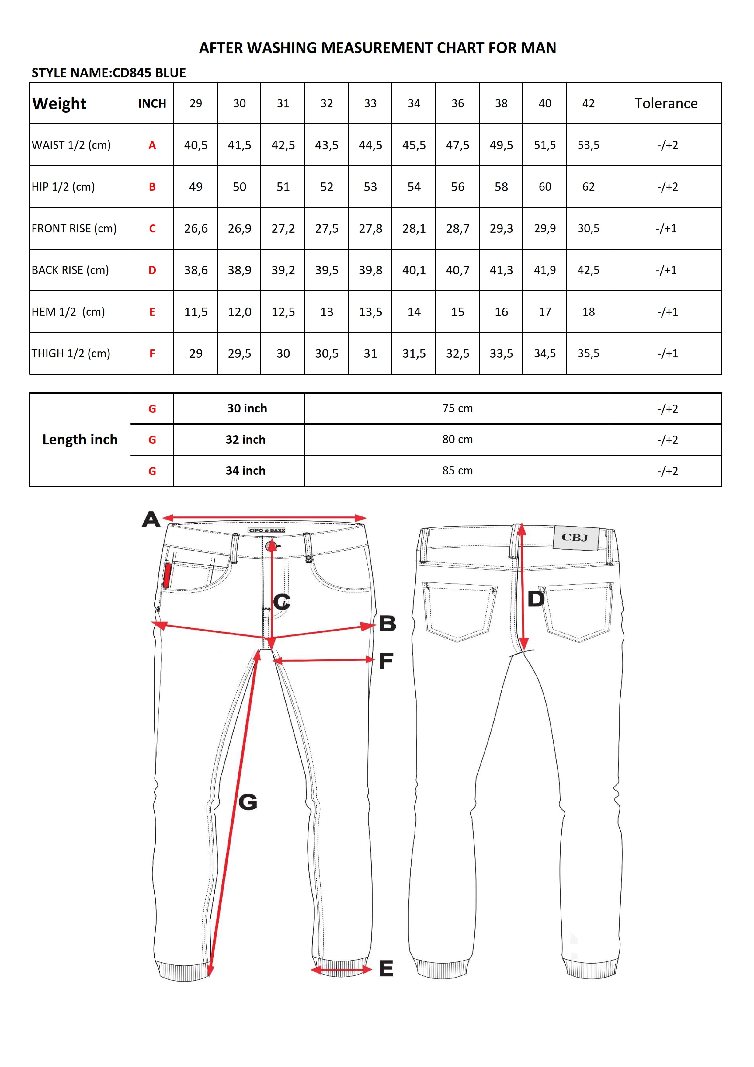 CD845 jeansy ze ściągaczami size chart